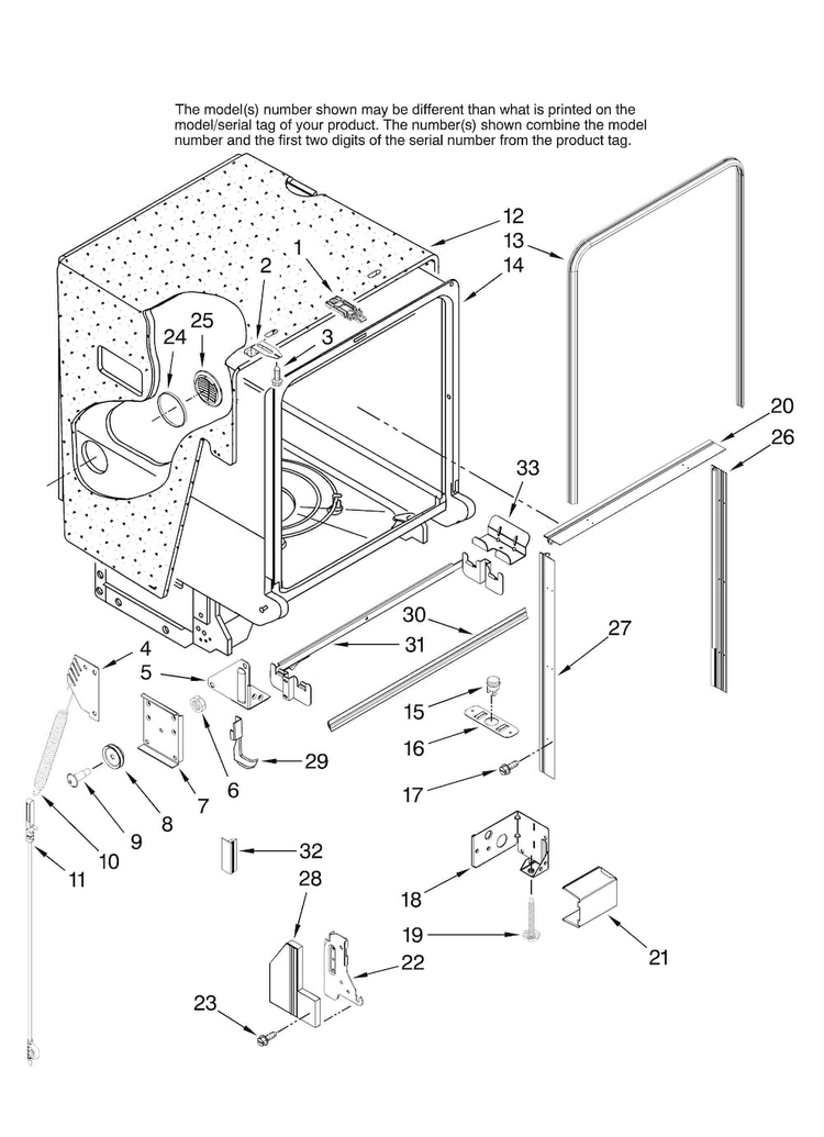Tub And Frame Parts Diagram and Parts List for ADB3500AWS0  Amana Dishwasher