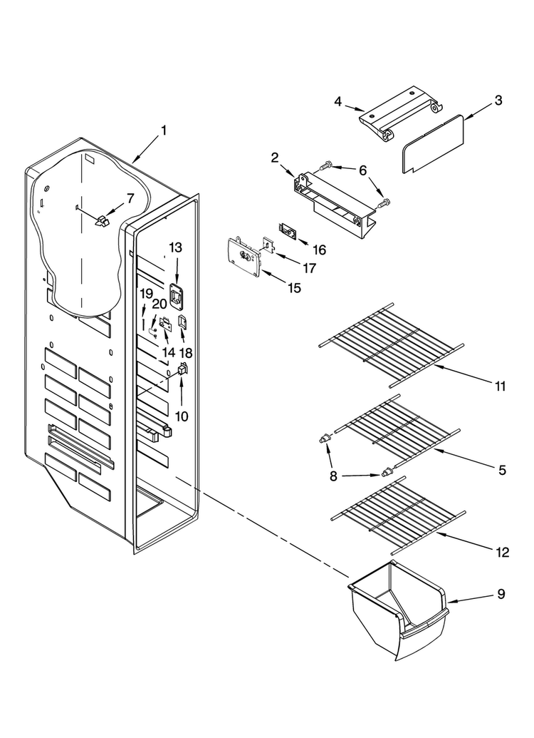 Freezer Liner Parts Diagram and Parts List for MSD2254VEQ00  Maytag Refrigerator