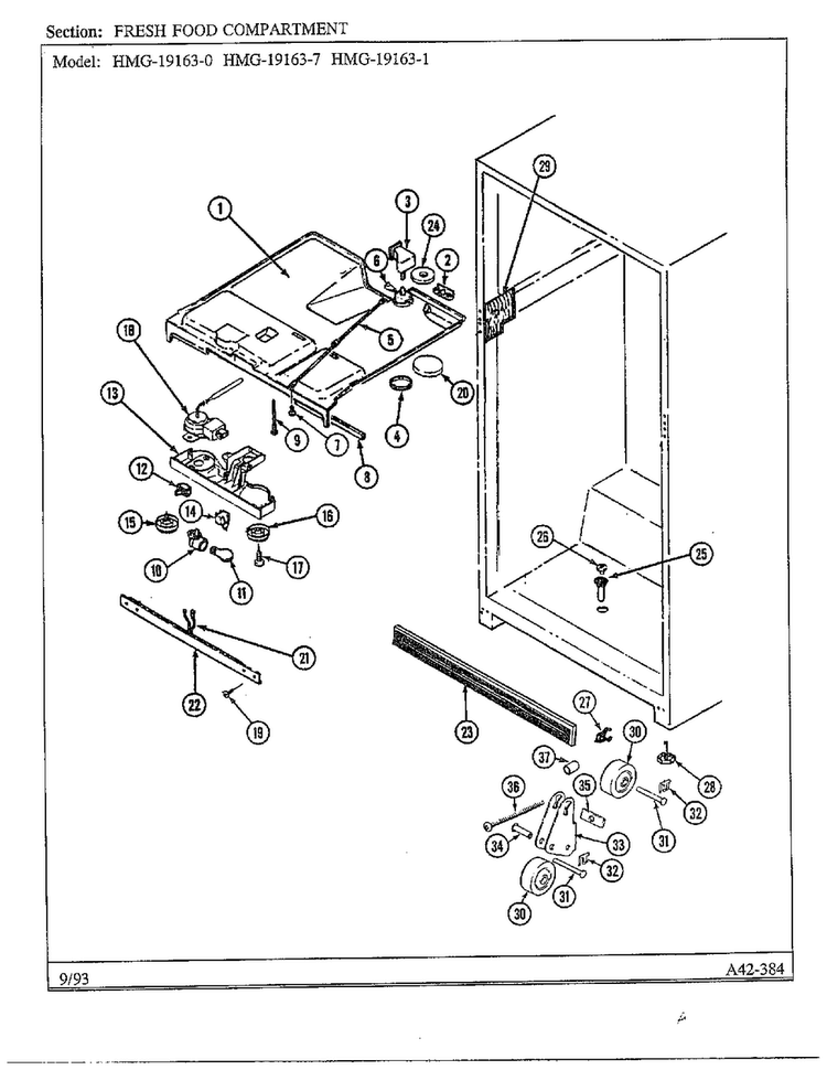 Fresh Food Compartment Diagram and Parts List for 19163-0A  Admiral Refrigerator