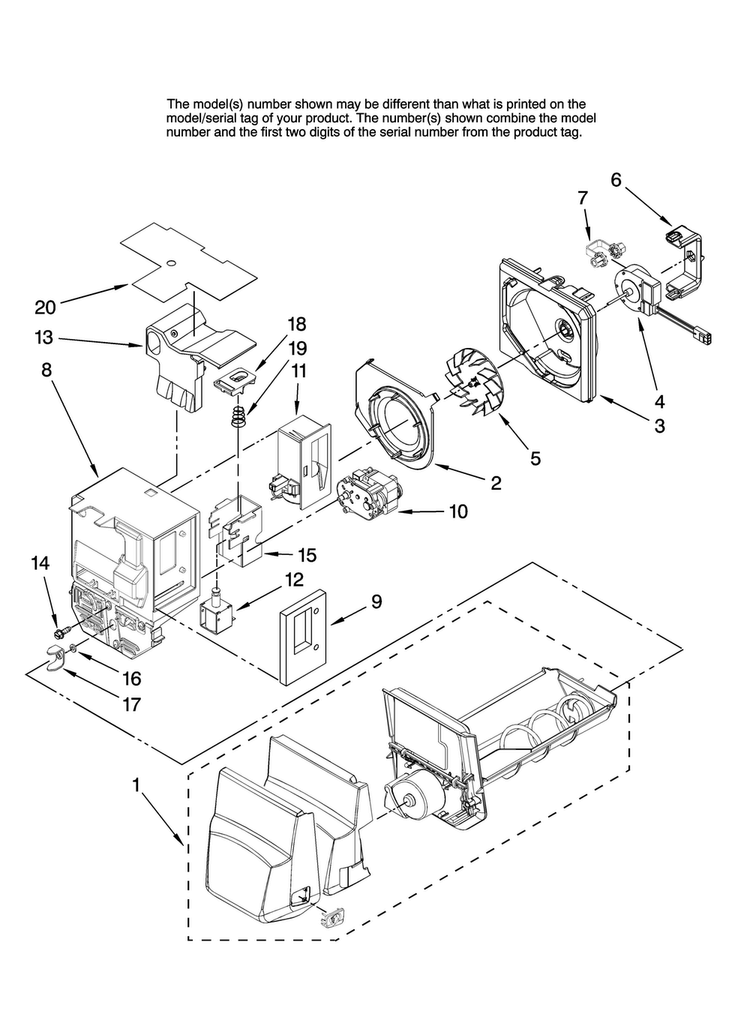 Motor And Ice Container Parts Diagram and Parts List for 7MI2569VEM10  Maytag Refrigerator