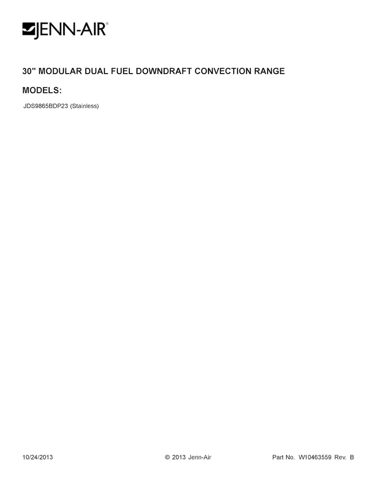 Cover Sheet Diagram and Parts List for JDS9865BDP23  Jenn-Air Range