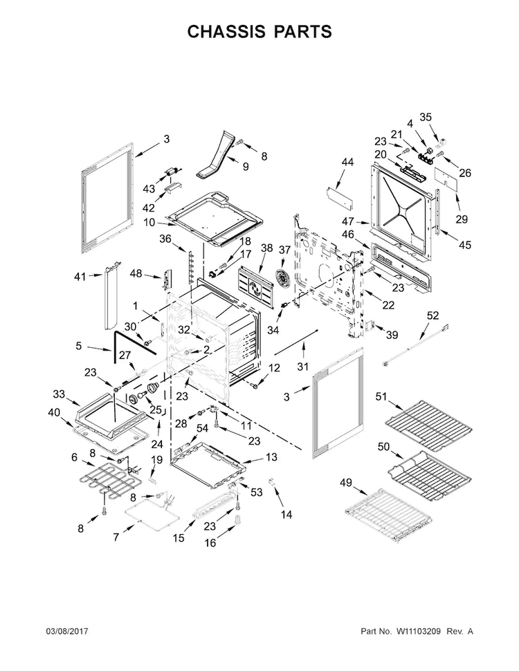 Chassis Parts Diagram and Parts List for JES1750FS0  Jenn-Air Range