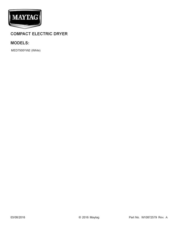 Cover Sheet Diagram and Parts List for MED7500YW2  Maytag Dryer