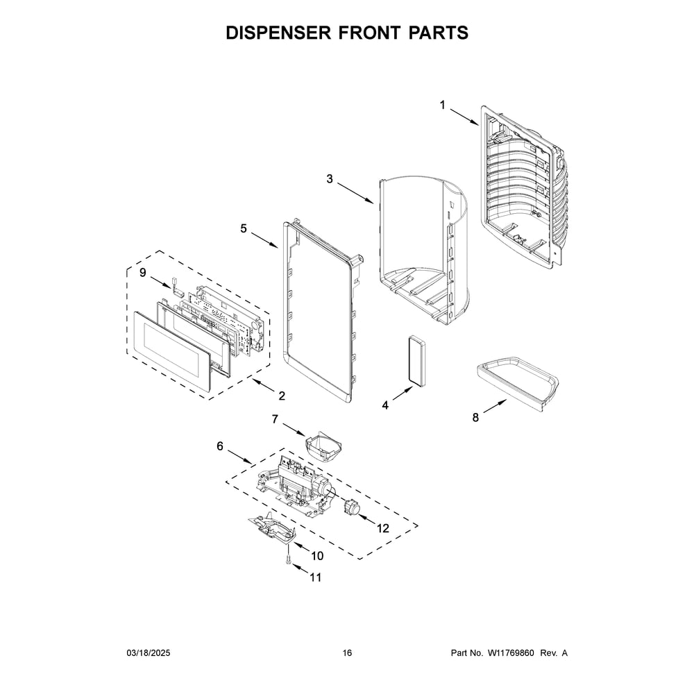Dispenser Front Parts Diagram and Parts List for MFT2772HEZ07  Maytag Refrigerator