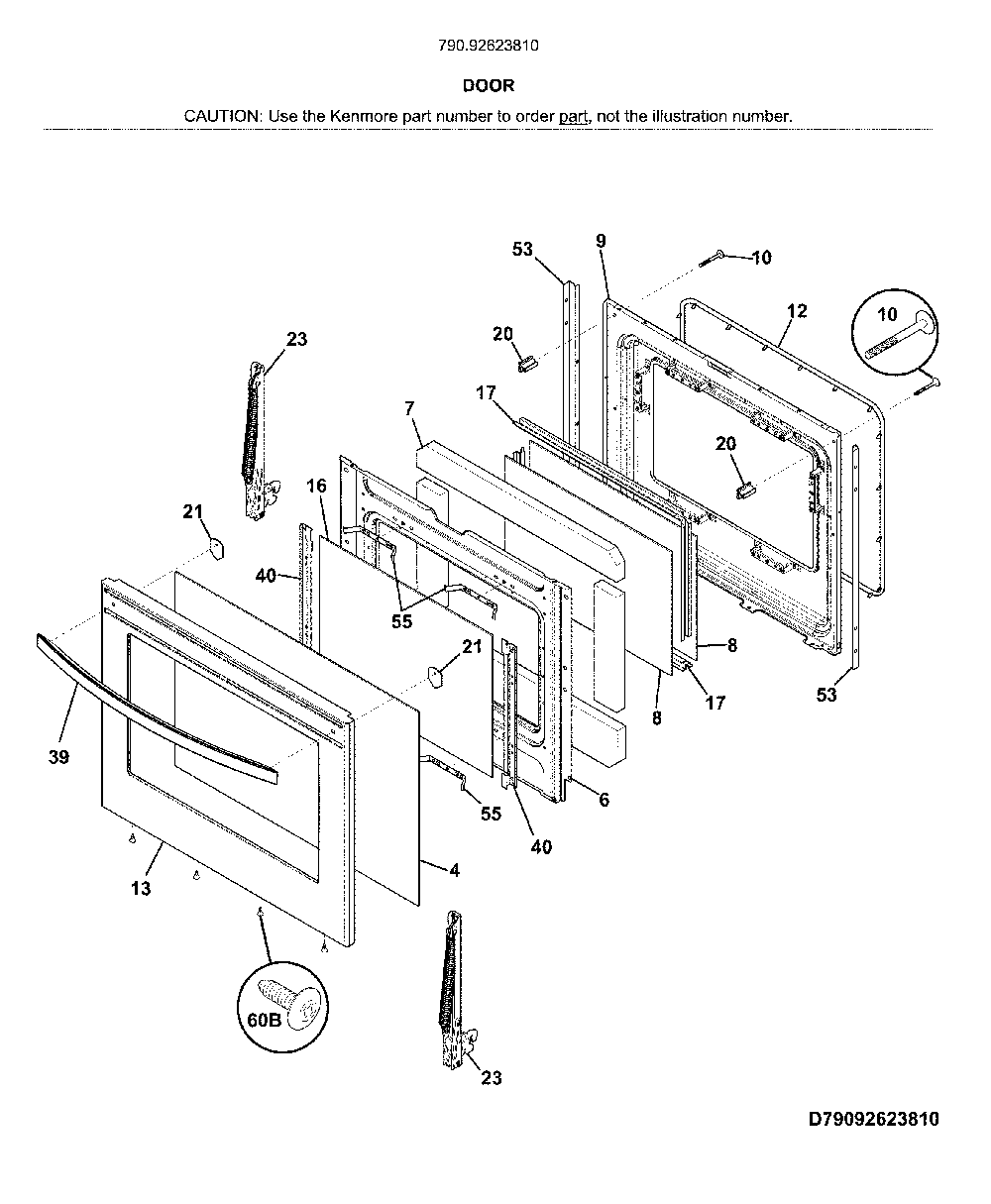 Door Diagram and Parts List for 79092623810  Kenmore Range