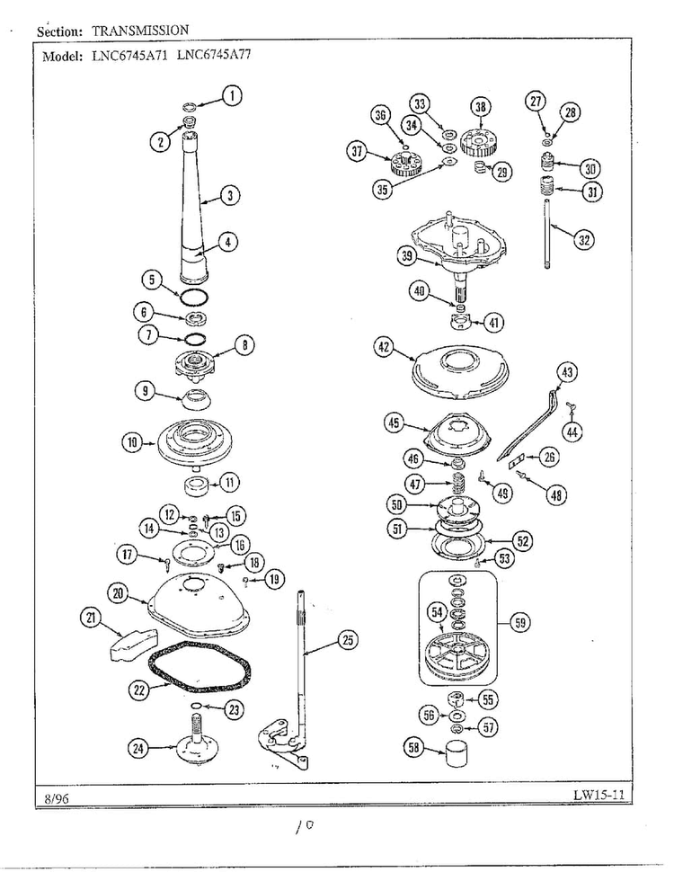 Transmission Diagram and Parts List for LNC6745A77  Admiral Washer