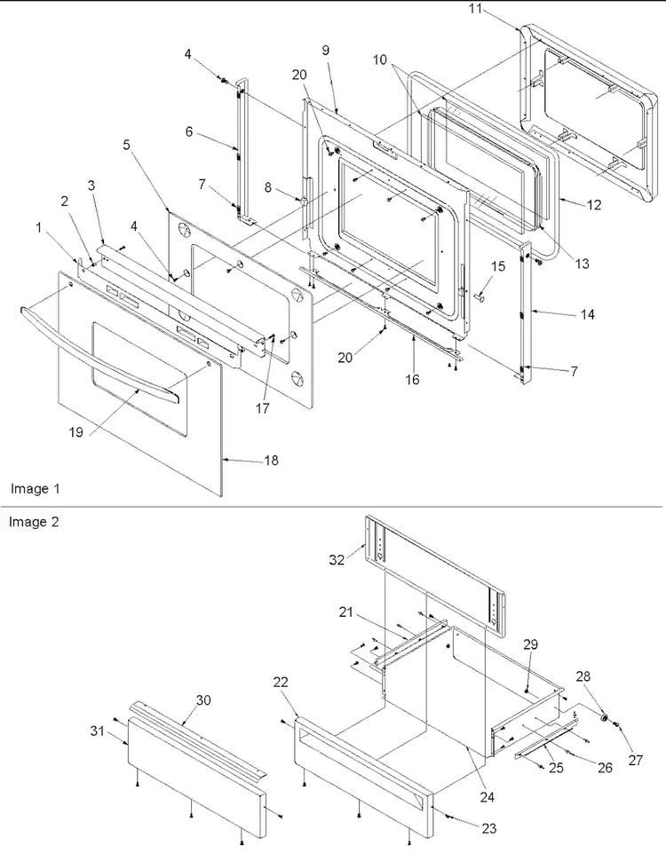 Oven Door & Storage Drawer Diagram and Parts List for ACS3350AW0  Amana Range
