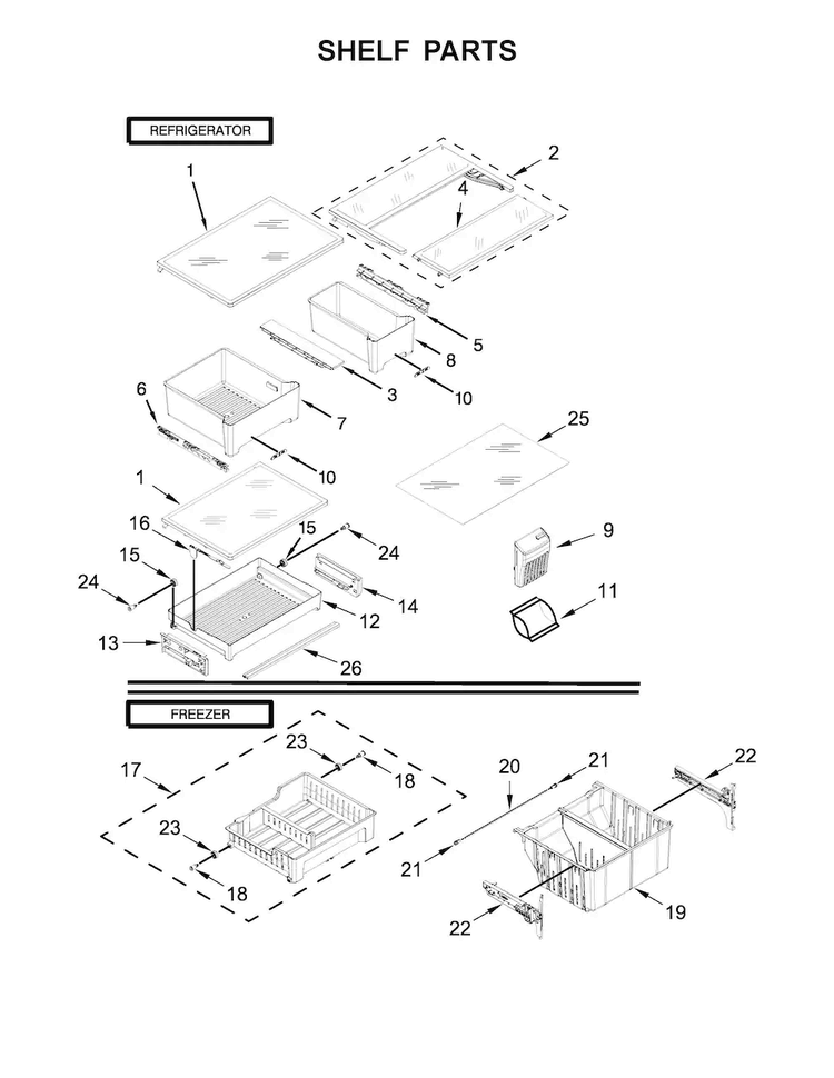 Shelf Parts Diagram and Parts List for MFW2055YEB01  Maytag Refrigerator