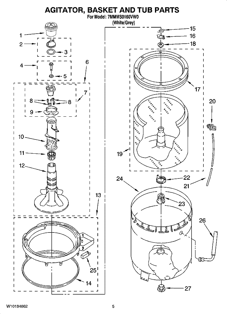 AGITATOR, BASKET AND TUB PARTS Diagram and Parts List for 7MMMS0160VW0  Maytag Washer