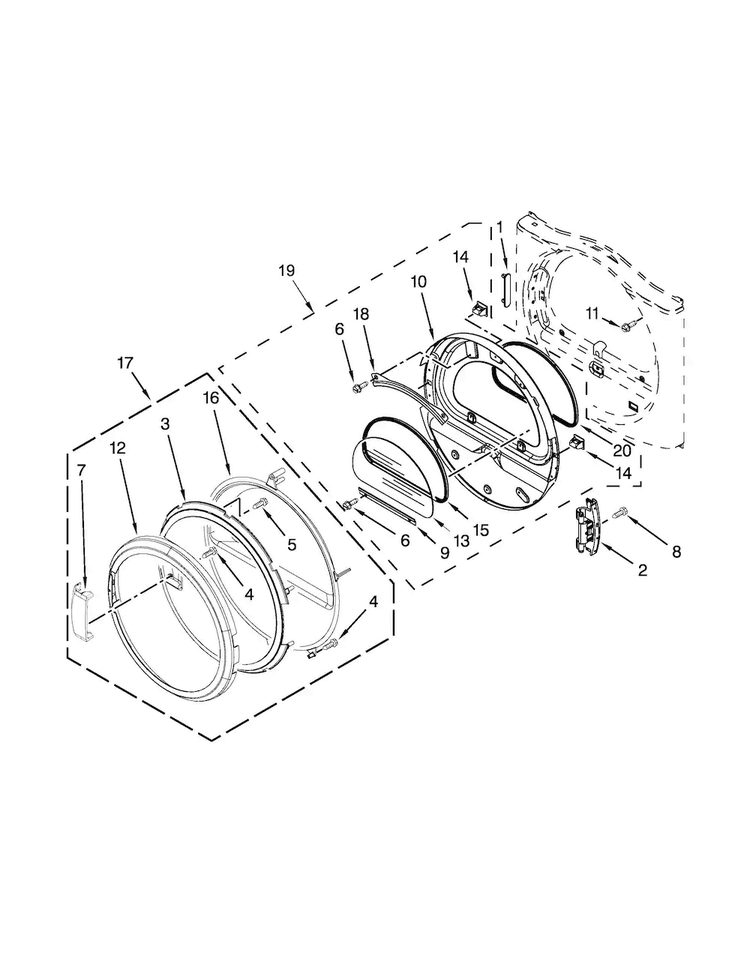 Door Parts Diagram and Parts List for MEDE200XW1  Maytag Dryer
