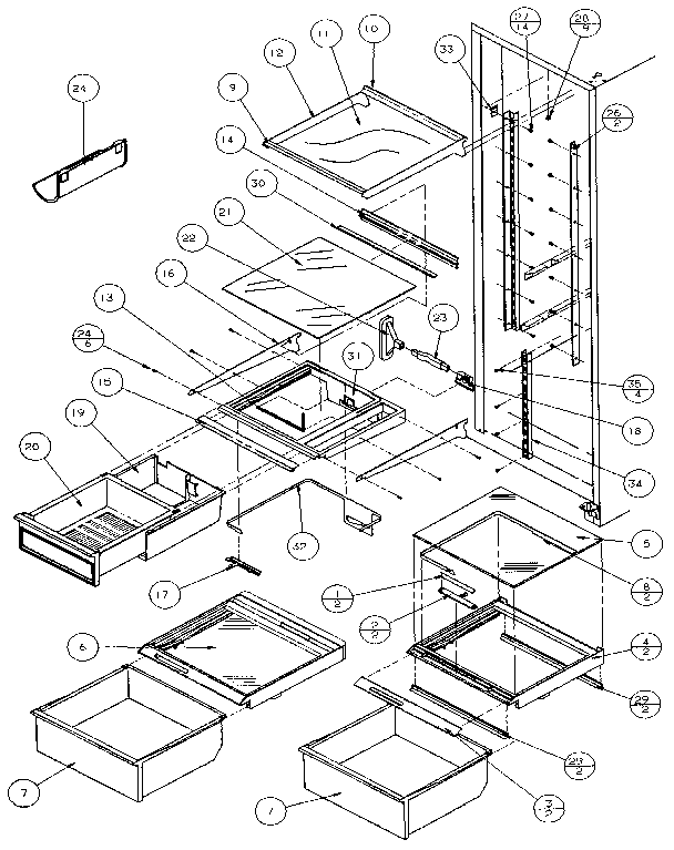 Refrigerator Shelving And Drawers Diagram and Parts List for 36271-P1121802W  Amana Refrigerator