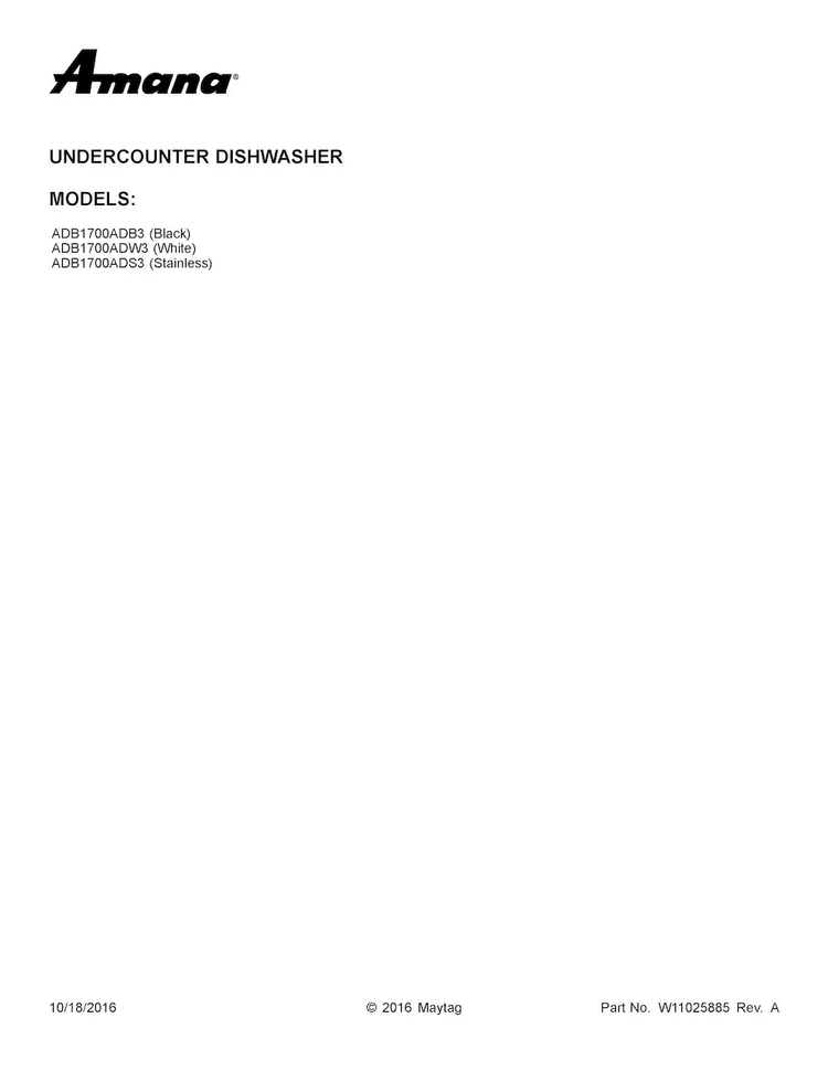 Cover Sheet Diagram and Parts List for ADB1700ADB3  Amana Dishwasher