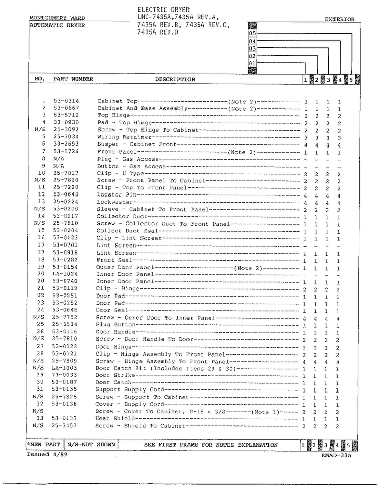 Electric Dryer/exterior Page 2 Diagram and Parts List for 7435A  Norge Dryer