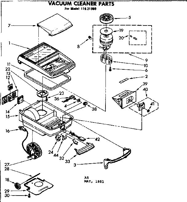 Base Assembly Diagram and Parts List for 11621980  Kenmore Canister Vacuum