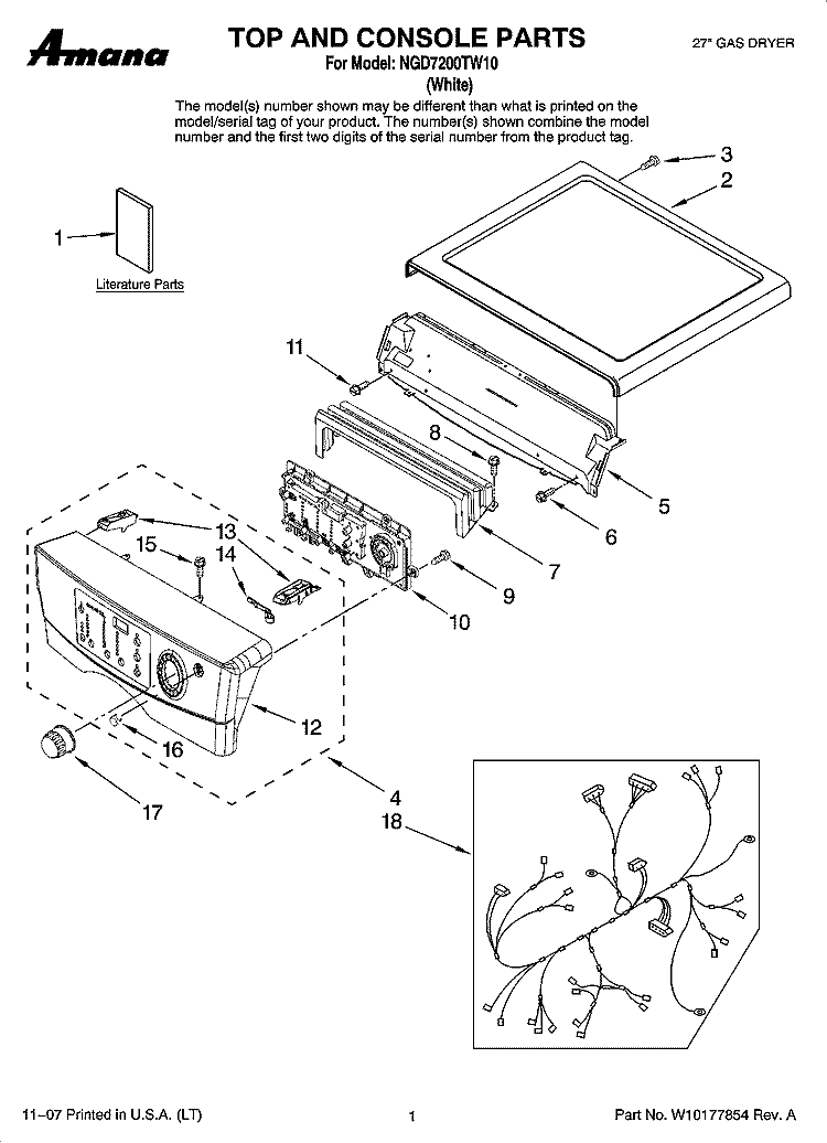 TOP AND CONSOLE PARTS Diagram and Parts List for NGD7200TW10  Amana Dryer