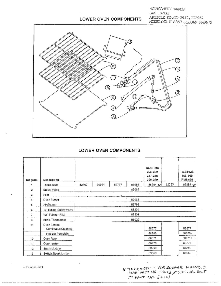 Lower Oven Components Diagram and Parts List for 2917  Amana Range