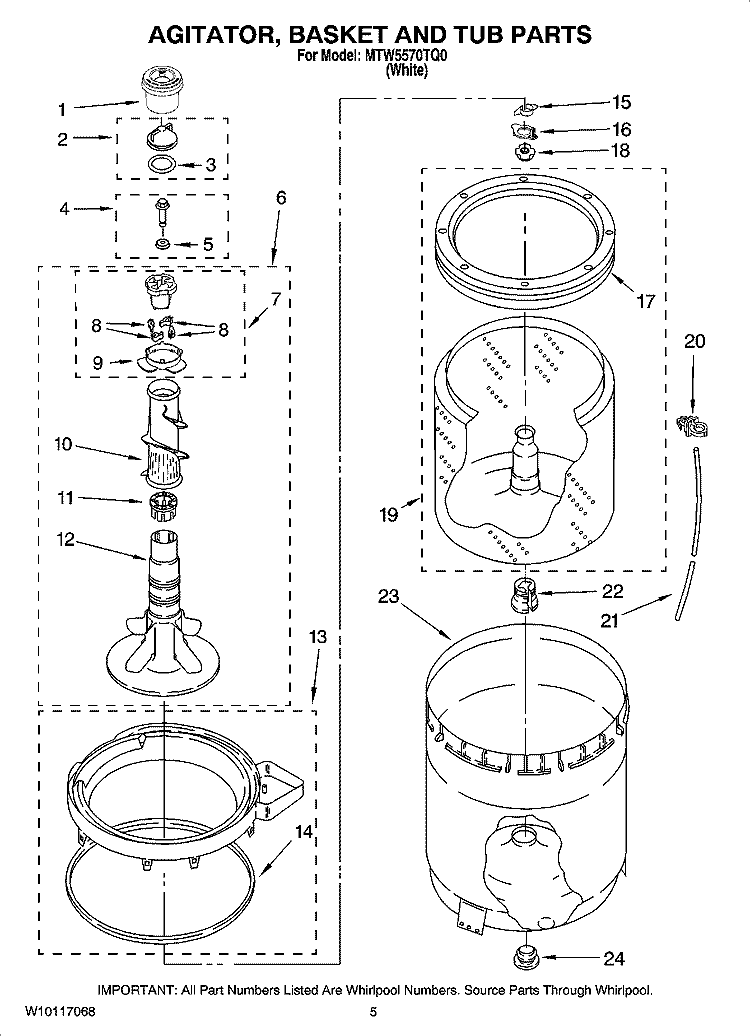 AGITATOR, BASKET AND TUB PARTS Diagram and Parts List for MTW5570TQ0  Maytag Washer