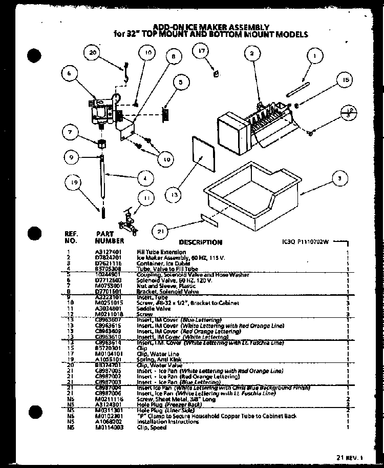 Add-on Ice Maker Assembly Diagram and Parts List for BL20QW-P1125503WW  Amana Refrigerator