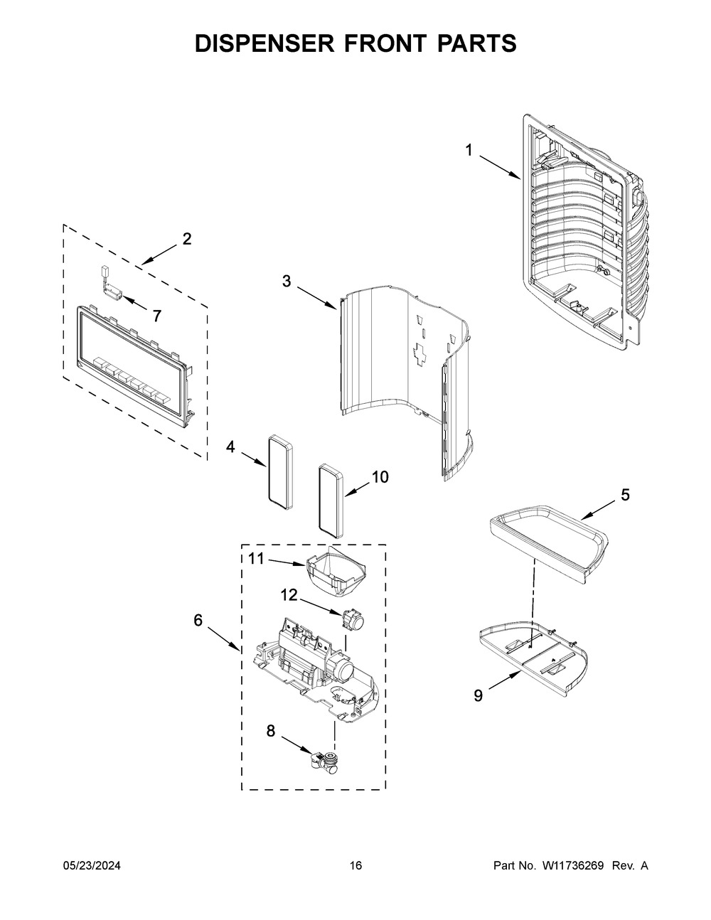 Dispenser Front Parts Diagram and Parts List for MFI2570FEW11  Maytag Refrigerator
