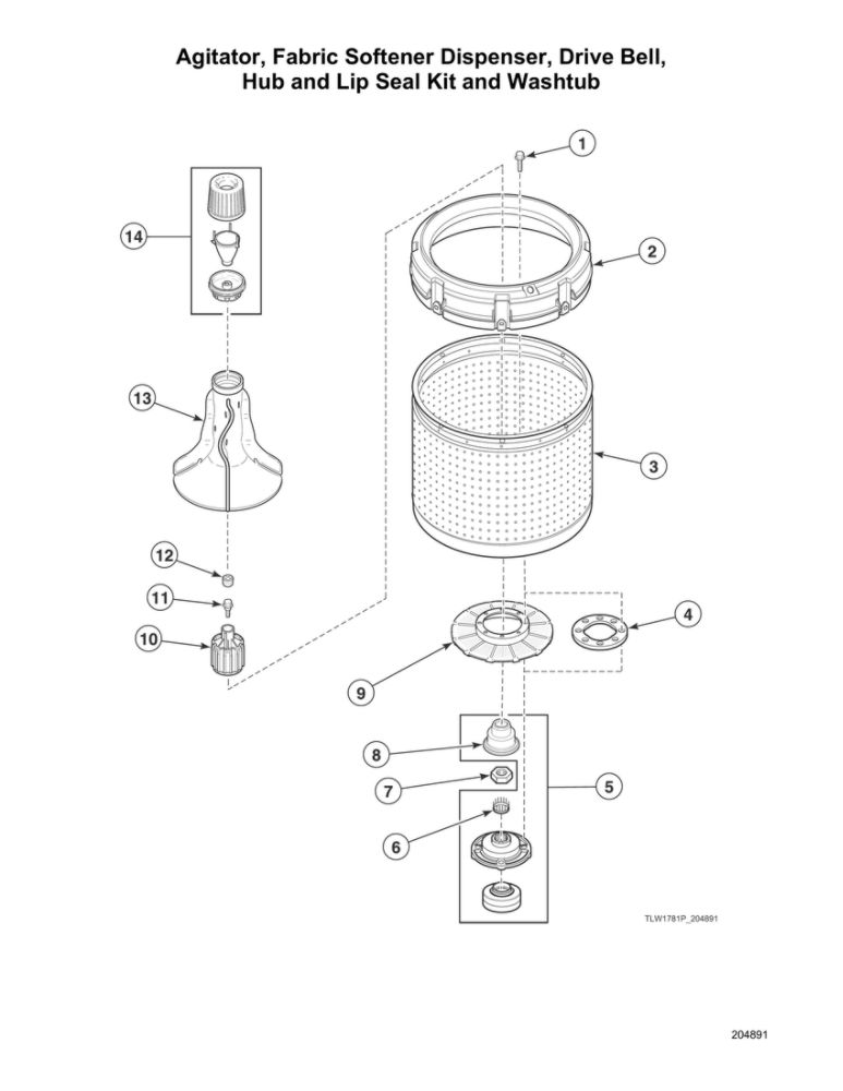 Agitator/Fabric Softener Dispenser/Drive Bell/Hub/Lip Seal Kit/Washtub Diagram and Parts List for AWN632SP116TW01  Speed Queen Washer