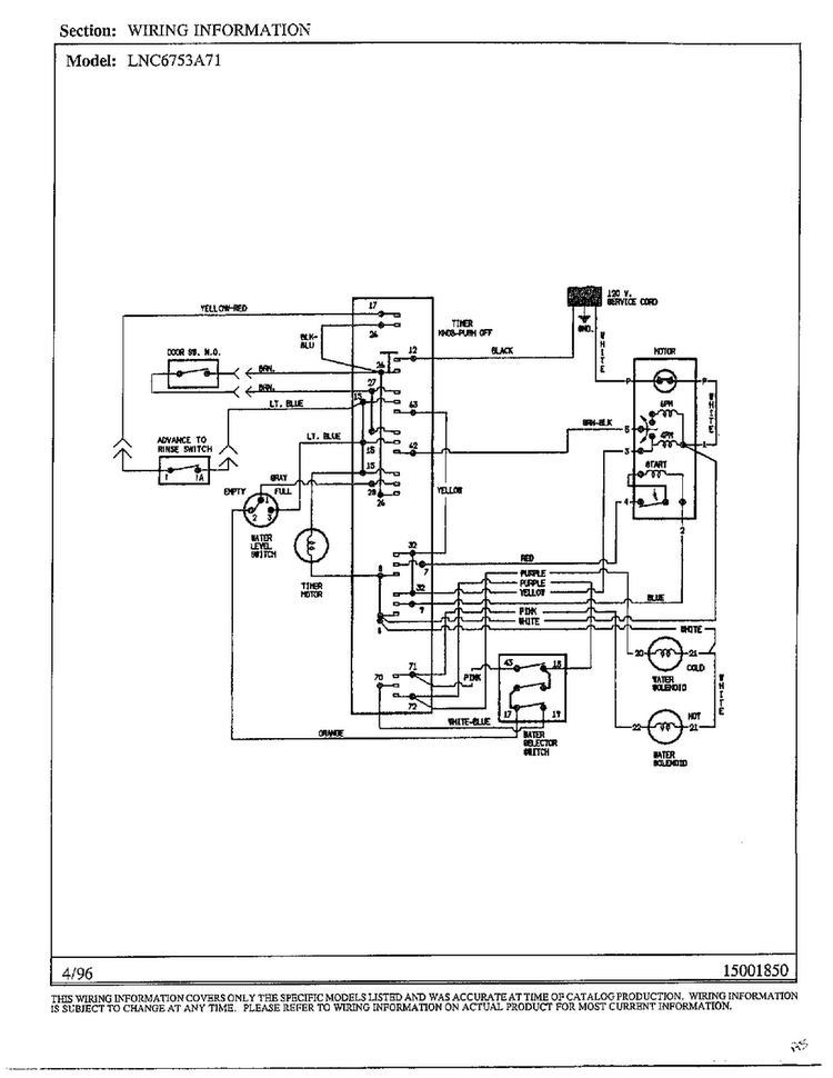 Wiring Information Diagram and Parts List for LNC6753A71  Admiral Washer