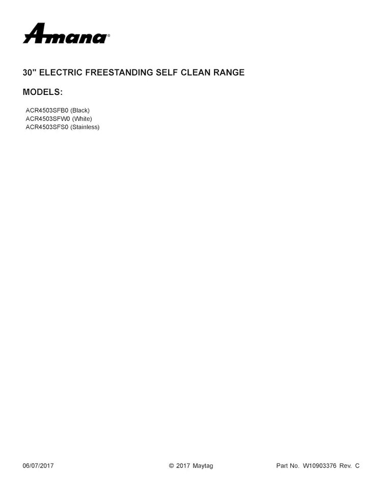Cover Sheet Diagram and Parts List for ACR4503SFW0  Amana Range