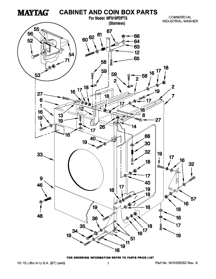 CABINET AND COIN BOX PARTS Diagram and Parts List for MFS18PDFTS  Maytag Washer