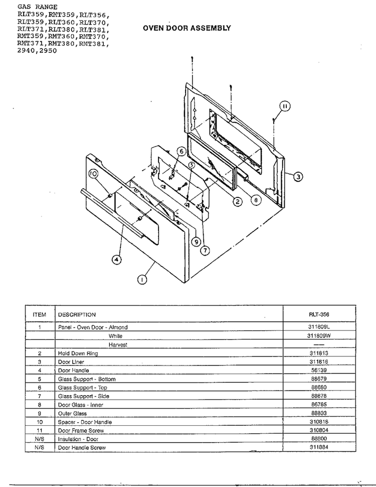 Oven Door Assembly Diagram and Parts List for RLT360  Amana Range