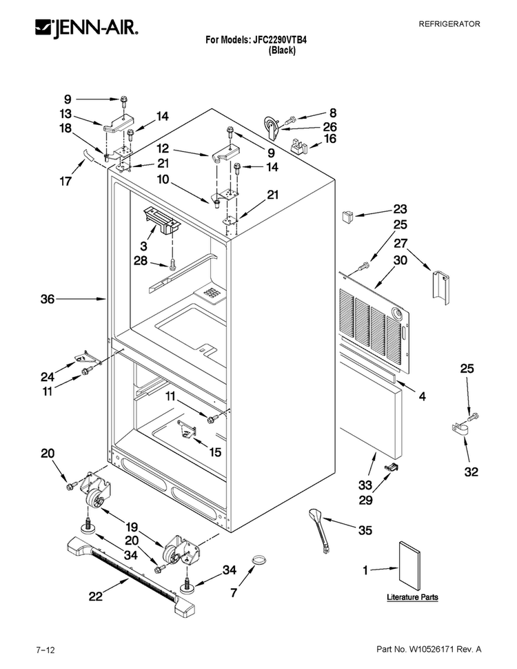 Cabinet Parts Diagram and Parts List for JFC2290VTB4  Jenn-Air Refrigerator