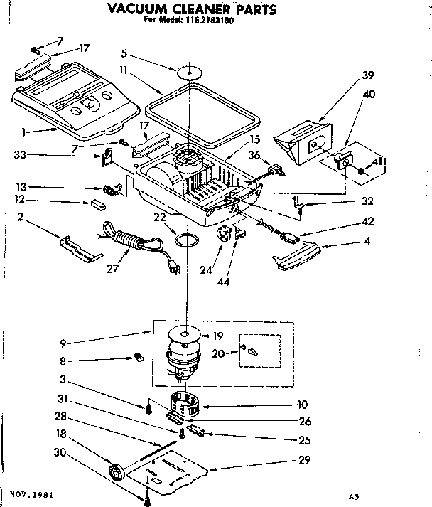 Base Assembly Diagram and Parts List for 1162183180  Kenmore Canister Vacuum