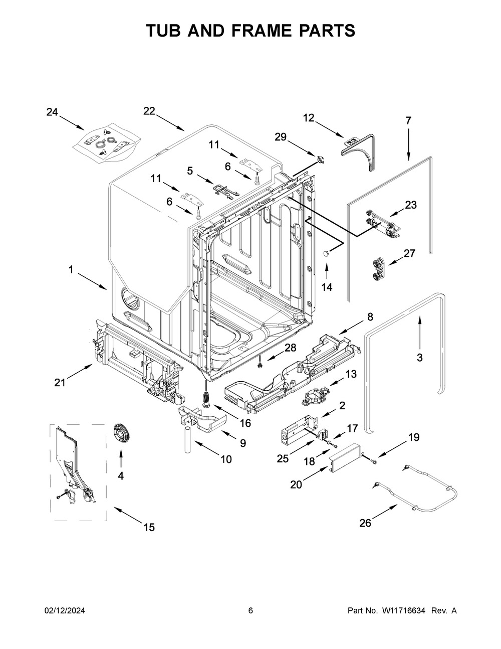 Tub And Frame Parts Diagram and Parts List for MDPS6124RZ0  Maytag Dishwasher