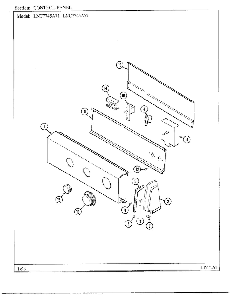 Control Panel Diagram and Parts List for 7745  Norge Dryer