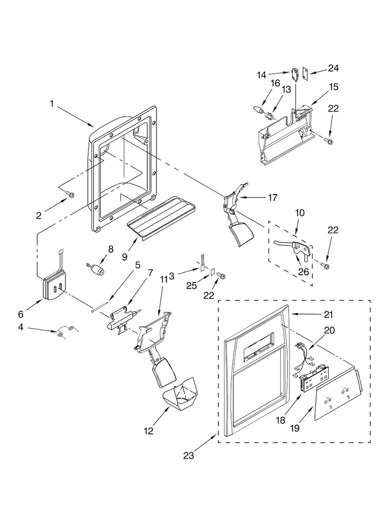 Dispenser Front Parts Diagram and Parts List for ASD2522WES01  Amana Refrigerator