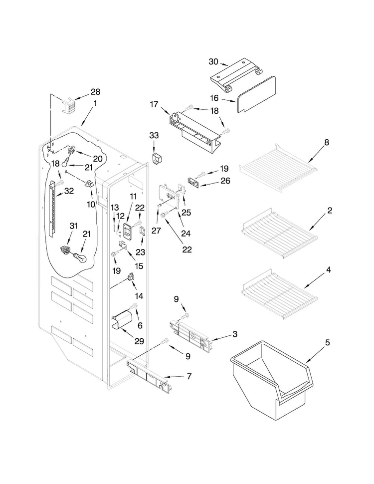 Freezer Liner Parts Diagram and Parts List for MSD2553WEB00  Maytag Refrigerator