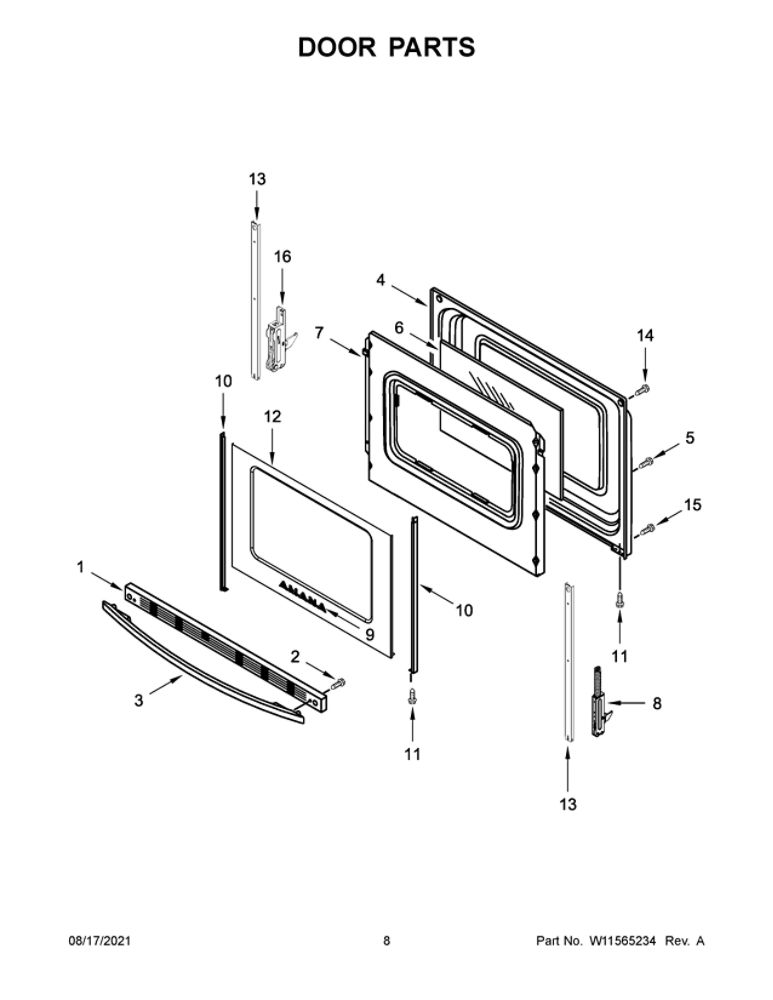 Door Parts Diagram and Parts List for YAER6303MFS3  Amana Range