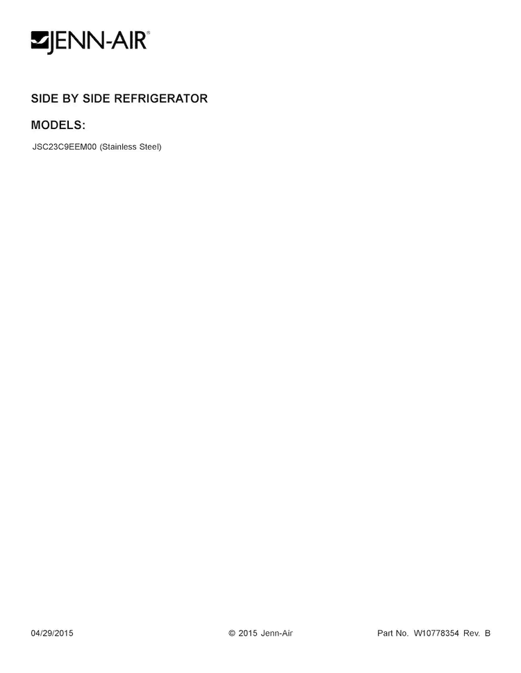 Cover Sheet Diagram and Parts List for JSC23C9EEM00  Jenn-Air Refrigerator
