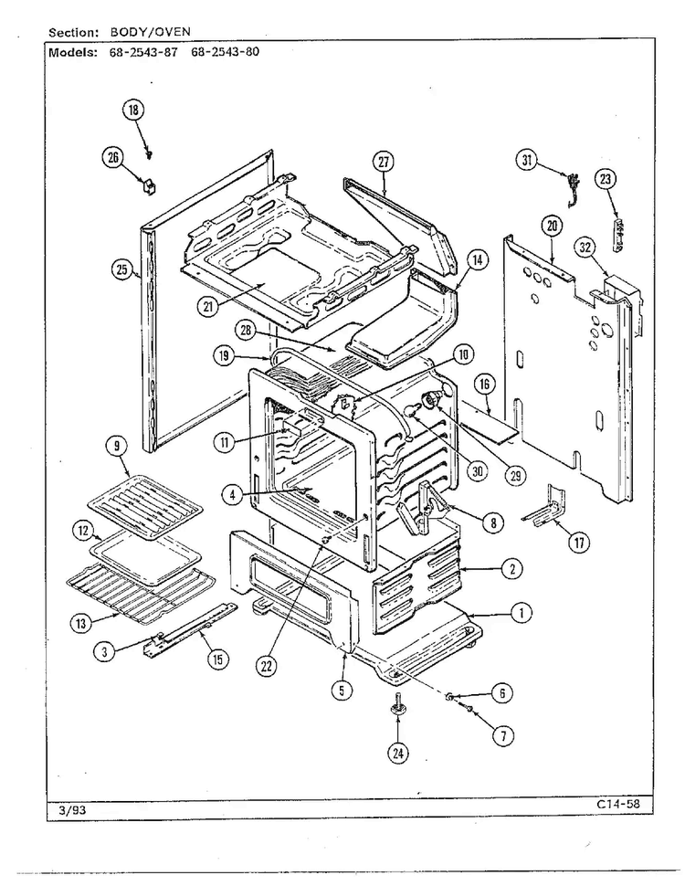 Body/oven Diagram and Parts List for 2543  Magic Chef Range