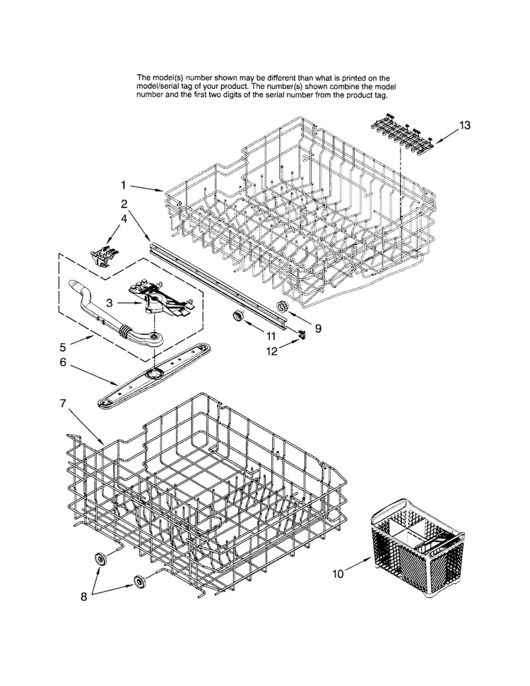 Upper & Lower Rack Diagram and Parts List for MDBS561AWB1  Maytag Dishwasher