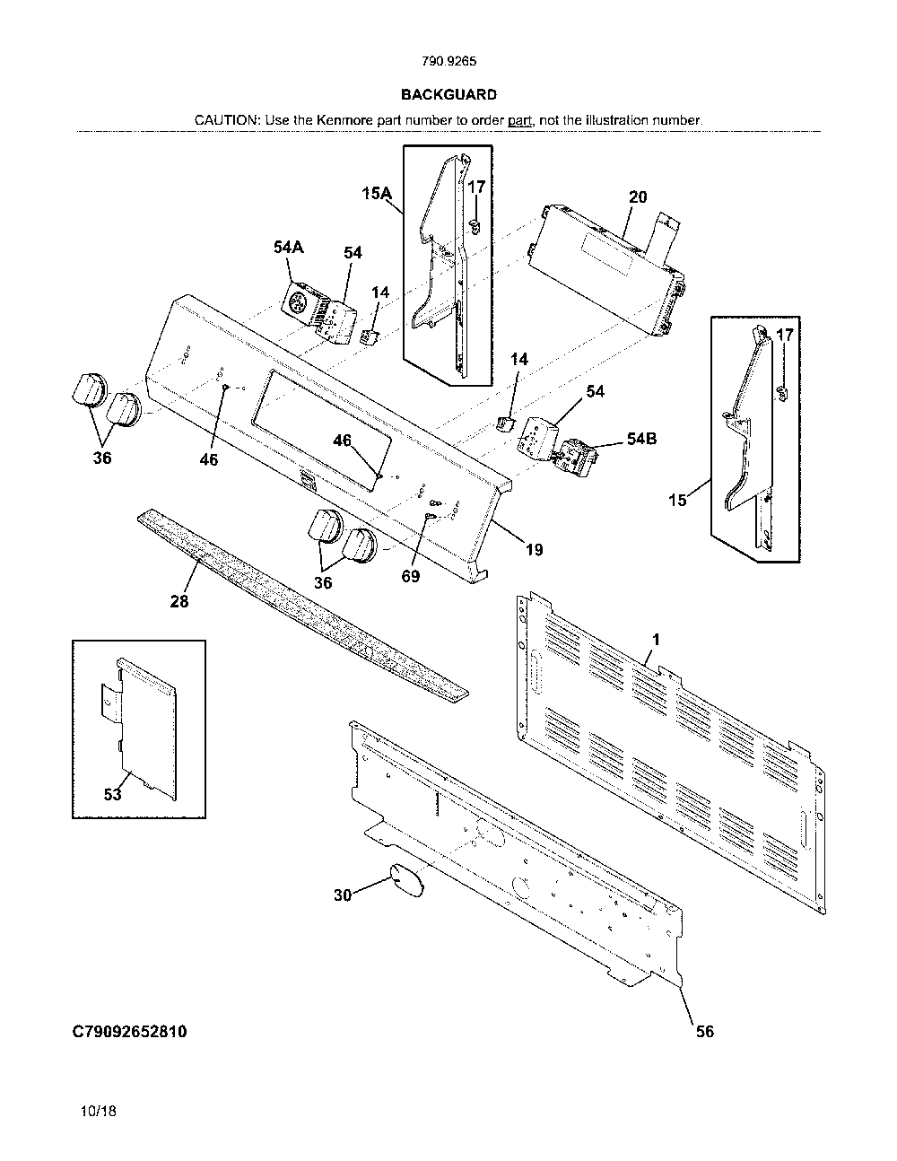 Backguard Diagram and Parts List for 79092659810  Kenmore Range