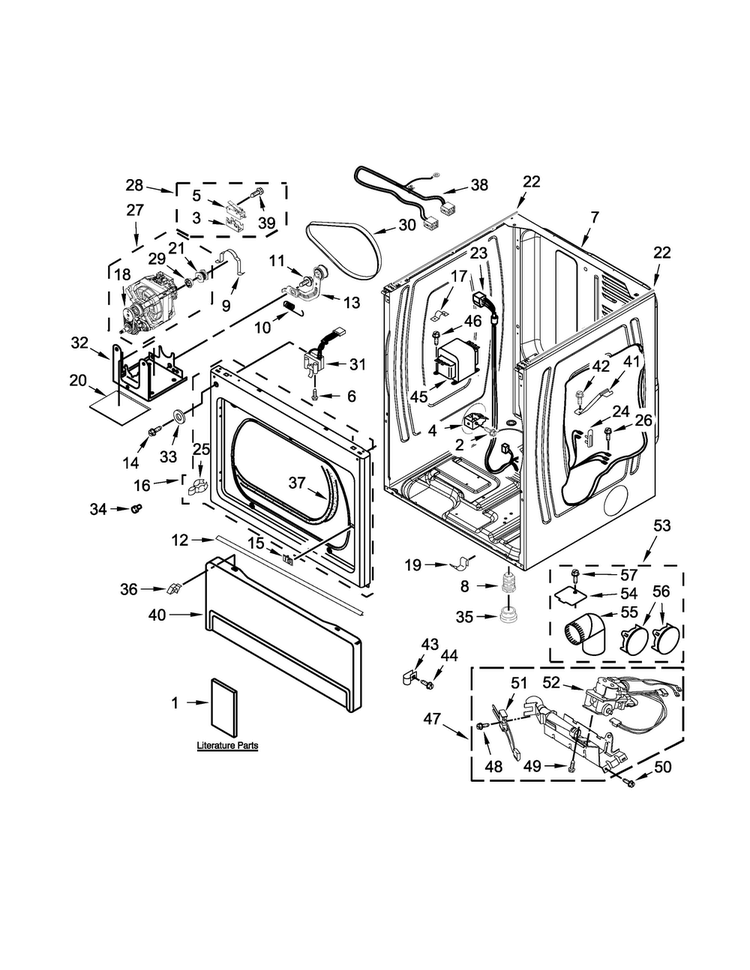 Lower Cabinet And Front Panel Parts Diagram and Parts List for MLG27PDBGW0  Maytag Dryer