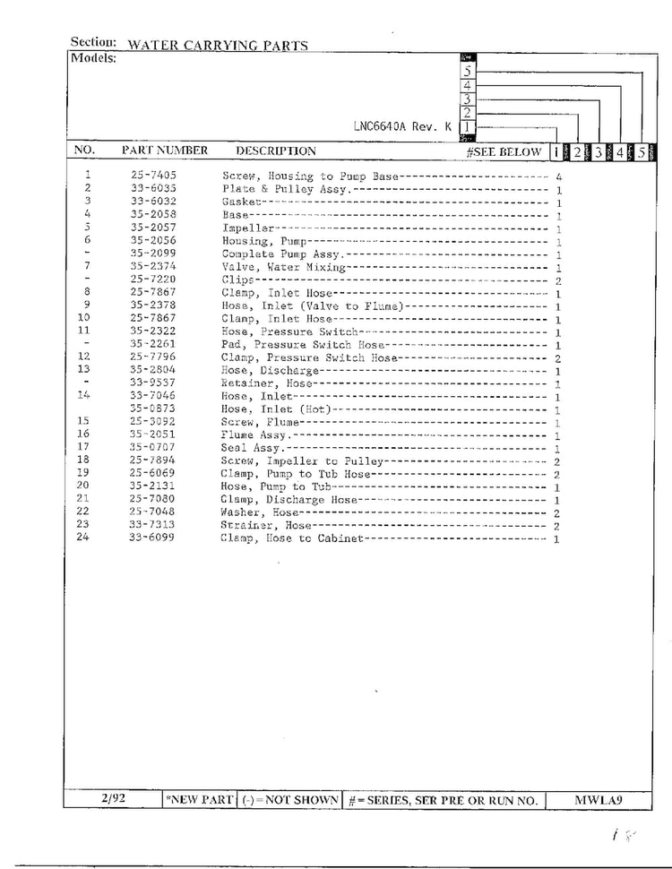 Water Carrying Parts Page 2 Diagram and Parts List for 6640A REV K Norge Washer