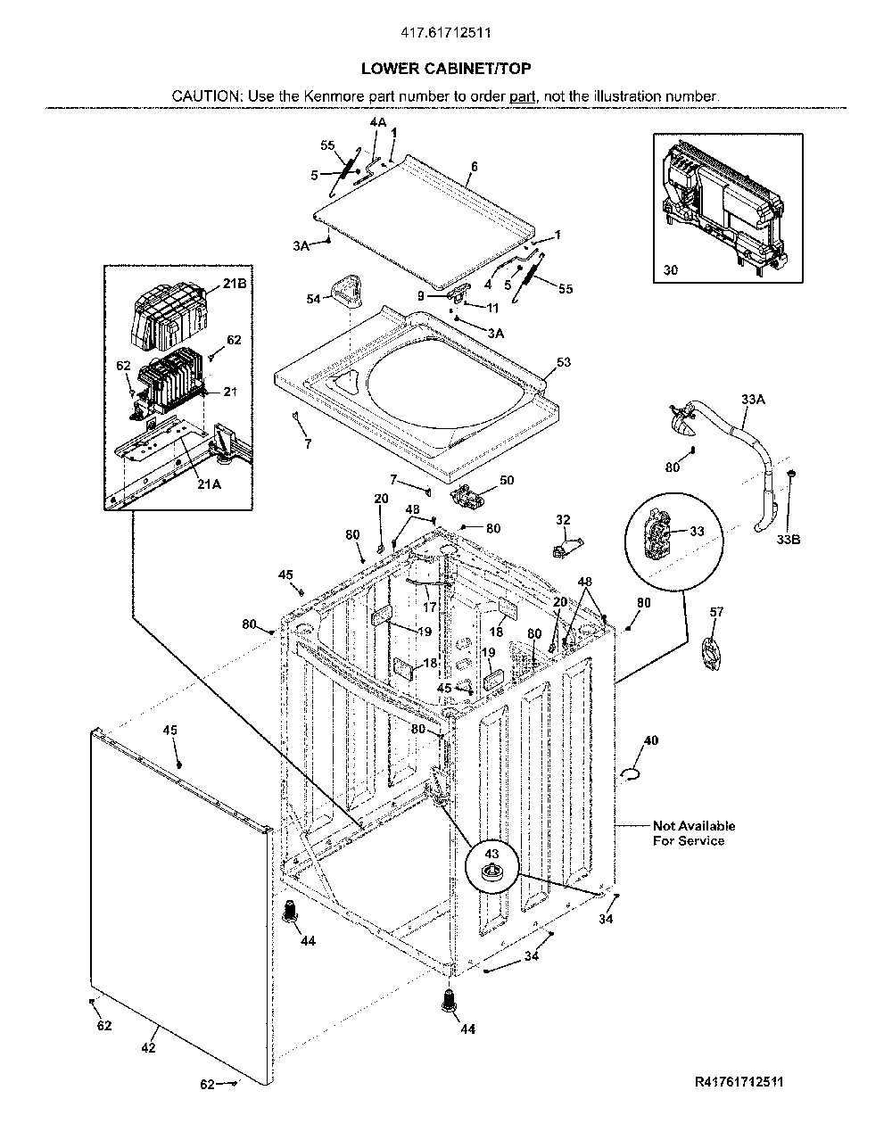 Lower Cabinet/Top Diagram and Parts List for 41761712511  Kenmore Washer Dryer Combo