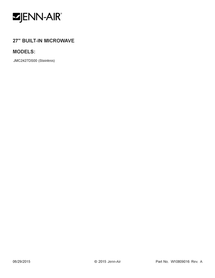 Cover Sheet Diagram and Parts List for JMC2427DS00  Jenn-Air Microwave