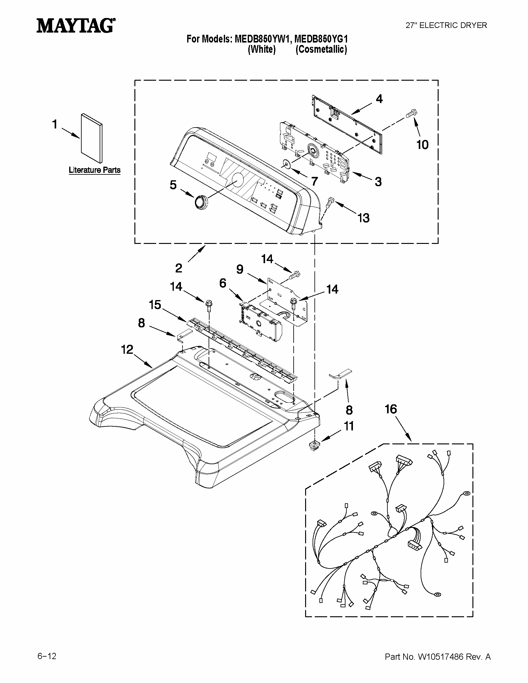 Top And Console Parts Diagram and Parts List for MEDB850YW1  Maytag Dryer