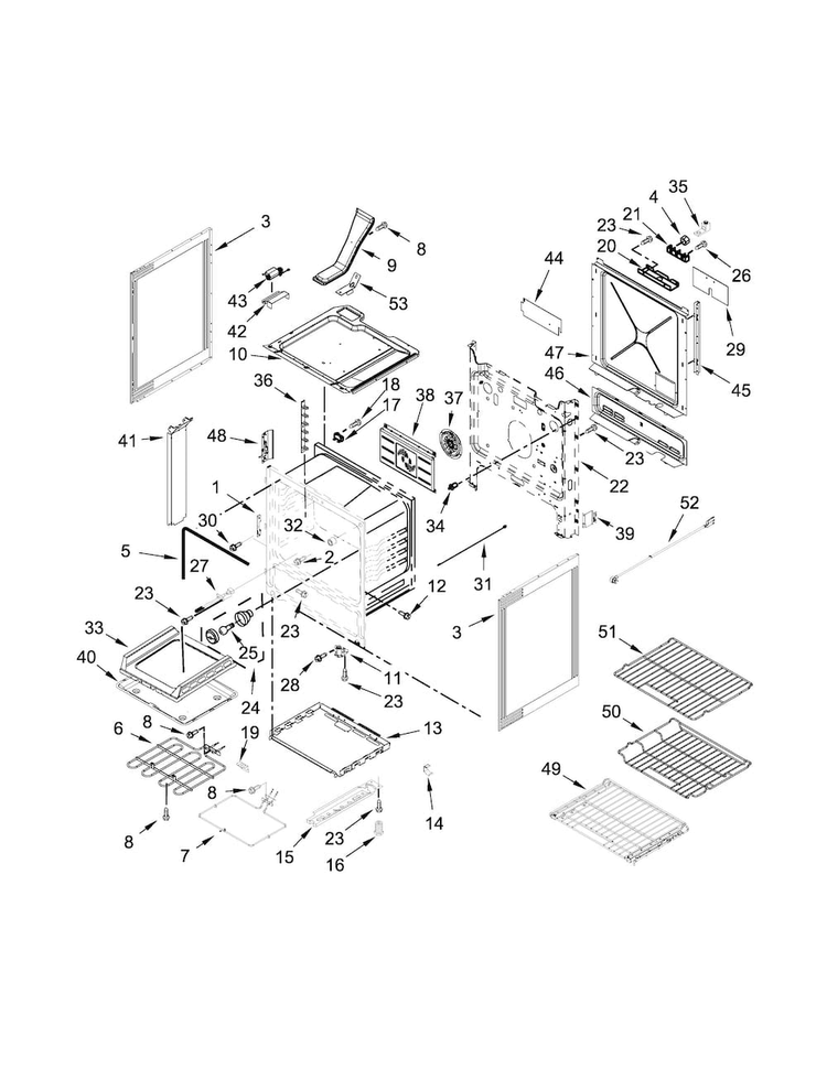 Chassis Parts Diagram and Parts List for JES1750CEB0  Jenn-Air Range