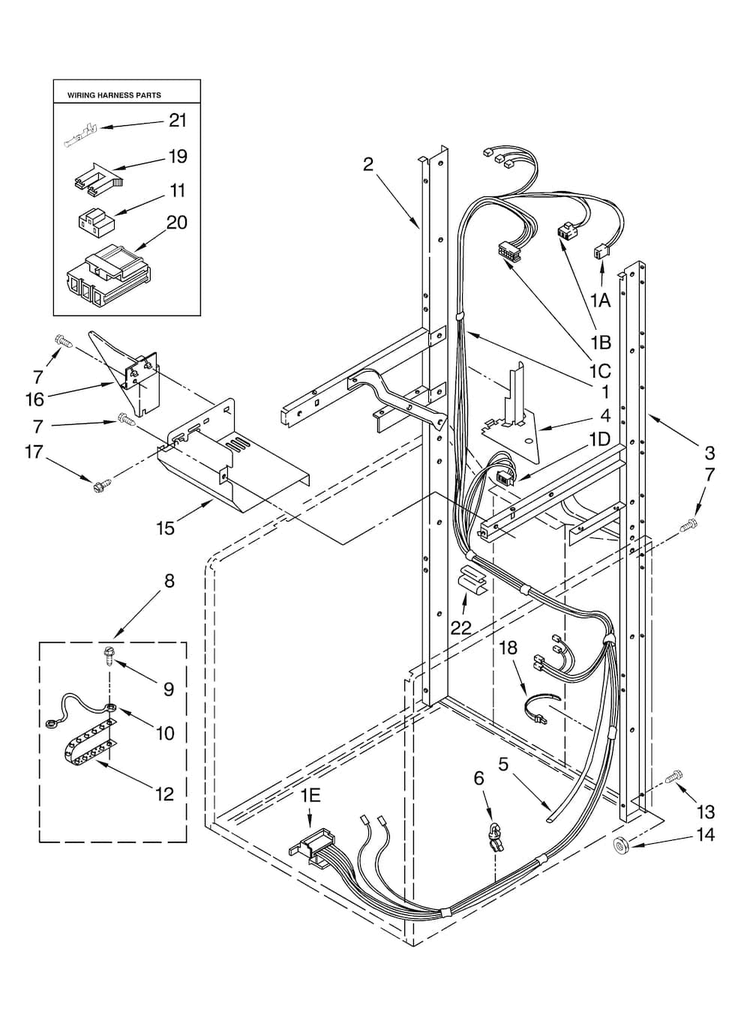 Dryer Support And Washer Harness Parts Diagram and Parts List for MET3800TW2  Maytag Washer Dryer Combo
