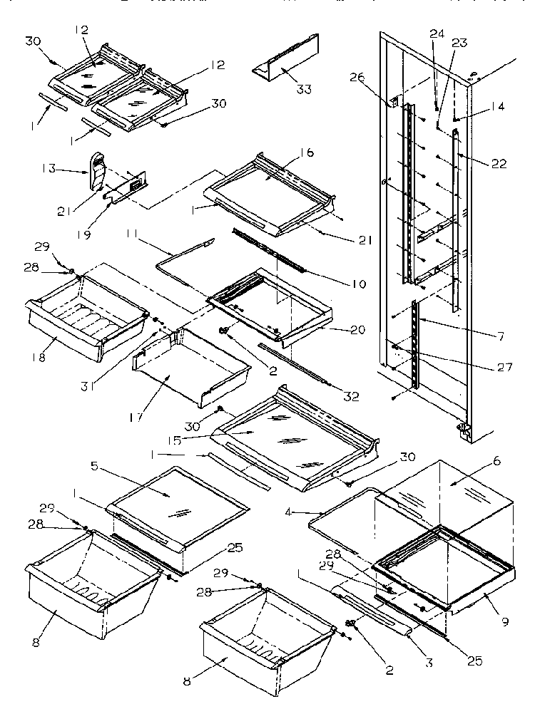 Shelving And Drawers Diagram and Parts List for SRDE27S3W-P1190601WW  Amana Refrigerator