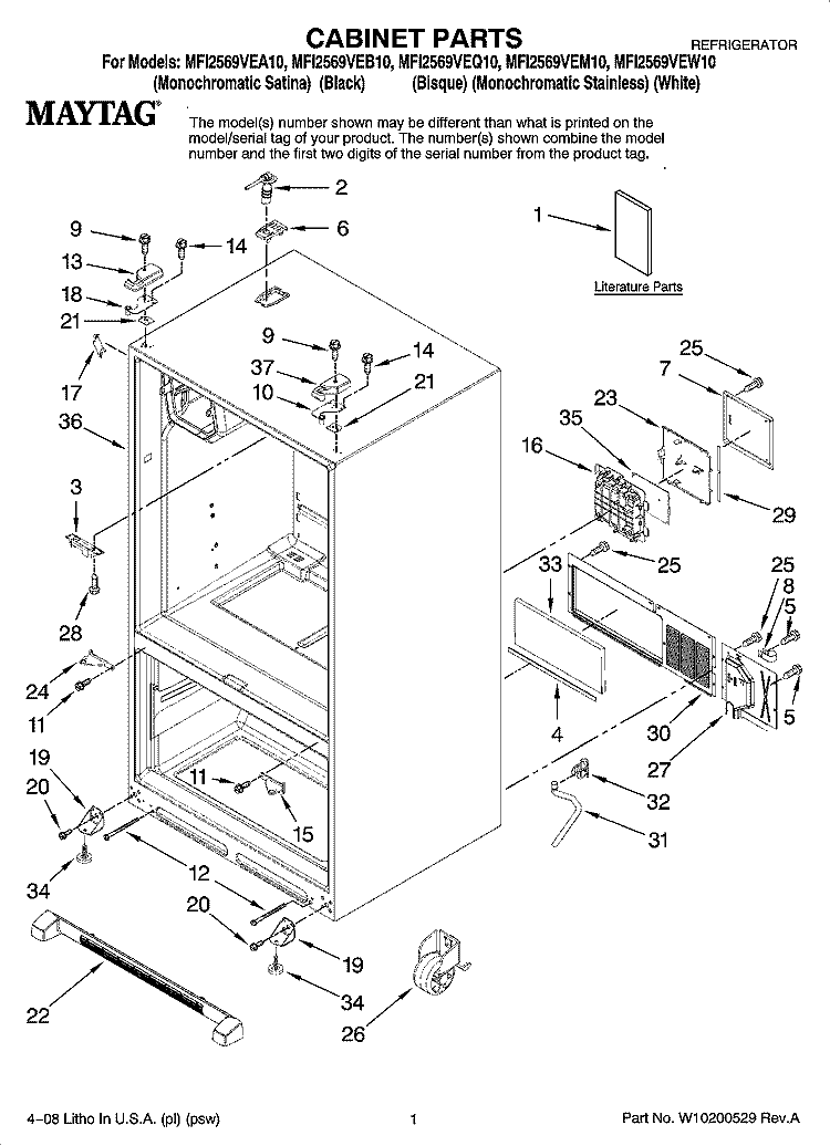 CABINET PARTS Diagram and Parts List for MFI2569VEA10  Maytag Refrigerator