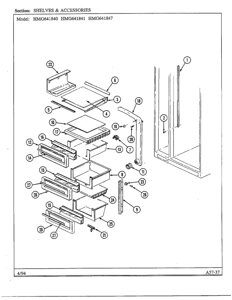 Shelves And Accessories Diagram and Parts List for 641841  Admiral Refrigerator