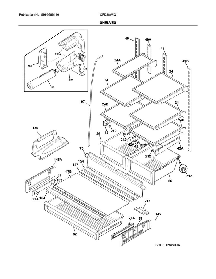 Shelves Diagram and Parts List for CFD28WIQBA  Crosley Refrigerator